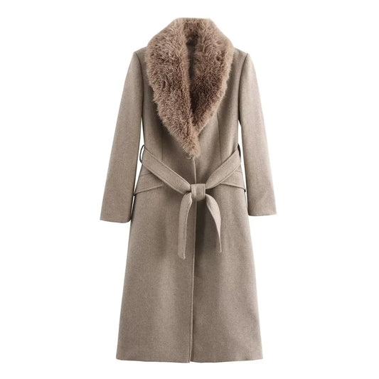 zellvo|Women's long belted coat with luxurious fur collar for winter