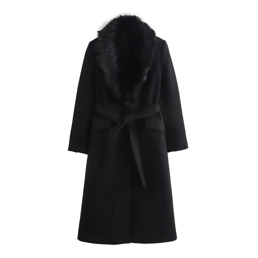 zellvo|Elegant women's winter coat with belt and soft fur collar