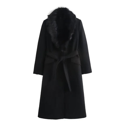 zellvo|Elegant women's winter coat with belt and soft fur collar