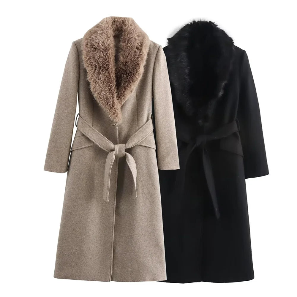 zellvo|Women's belted fur collar coat elegant winter fashion outerwear