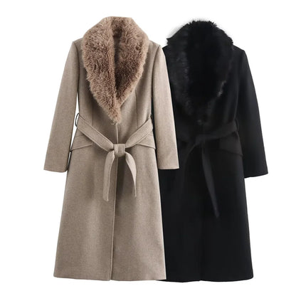 zellvo|Women's belted fur collar coat elegant winter fashion outerwear
