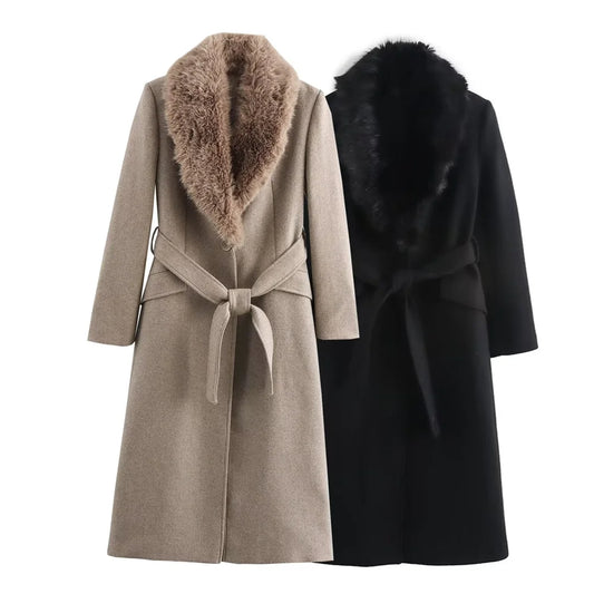 zellvo|Women's belted fur collar coat elegant winter fashion outerwear