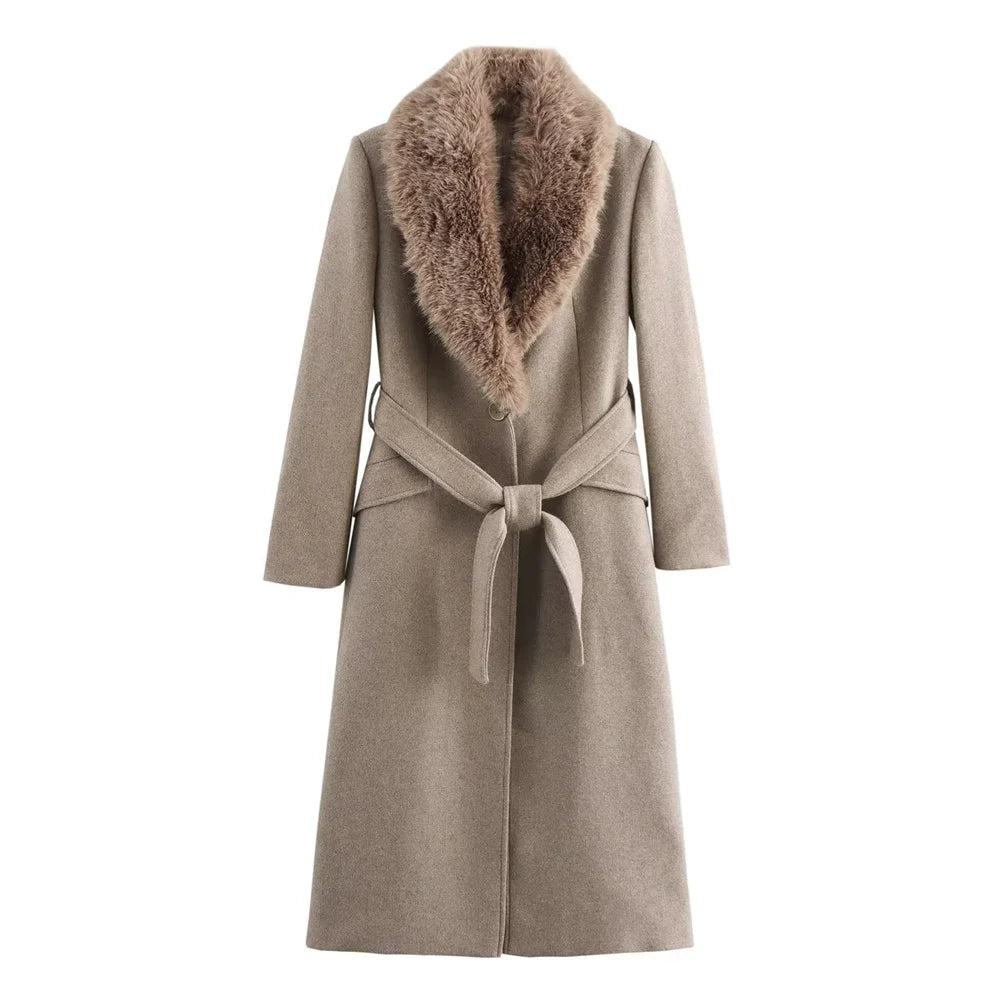 zellvo|Women's long belted coat with luxurious fur collar for winter