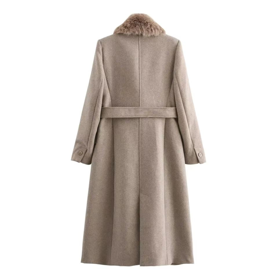zellvo|Women's warm fur collar coat with waist belt and button closure